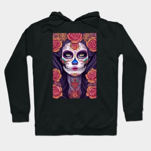 Woman in Colorful Sugar Skull Makeup Art Hoodie